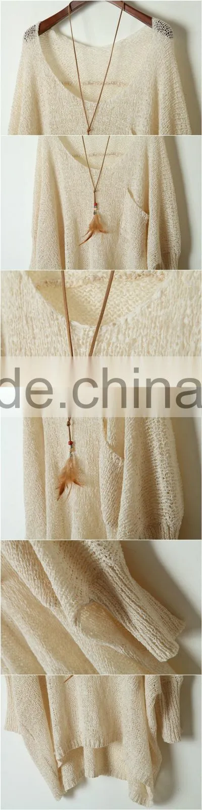 lady summer low round neck pullover sweater female bat sleeve hollow loose sweater