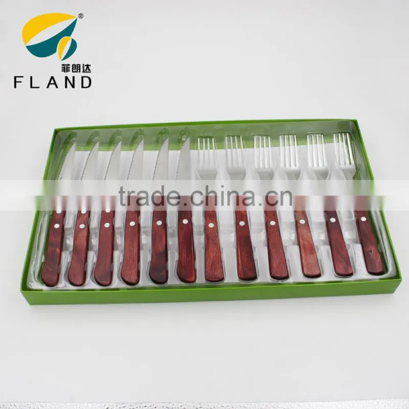 stainless steel cutlery12pcs rose wood handle metal steak knife and fork set