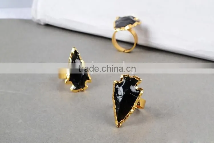 Natural rough black obsidian stone arrowhead ring jewelry