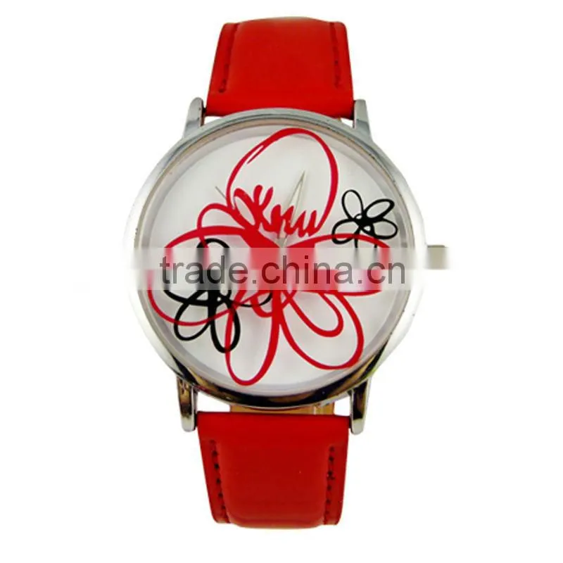 Europe Elegant Clear Flower Painting Women Leather Strap Watch