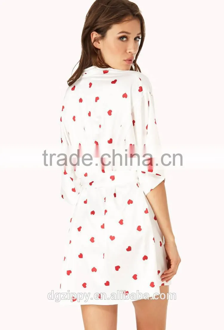 2016 Oversized short sleeve heart print satin bath robe women
