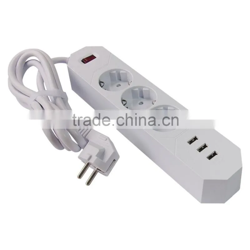1.8meter EU 3-Outlet Power Extension Socket with 3USB Charging Ports