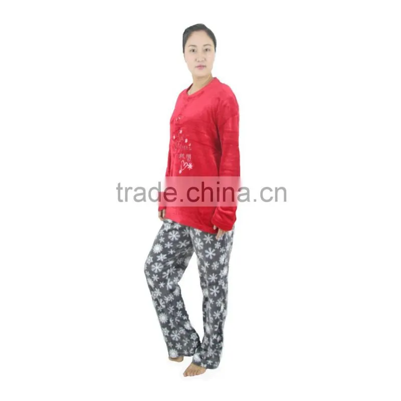 Kevince flannel pyjama set snow print knitted woman clothing nightwear homewear sleepwear MOQ 1000sets