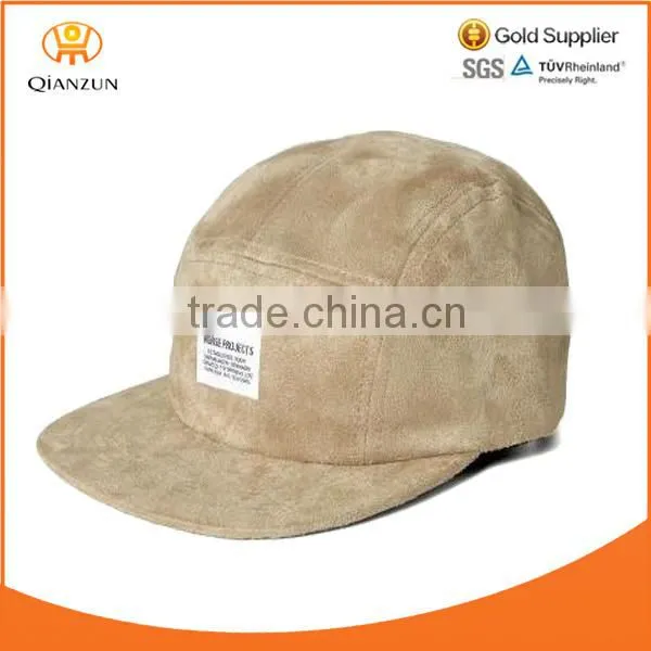 brown khaki colour suede 5 panel custom cap custom woven lable camp blank full suede 5 panel cap