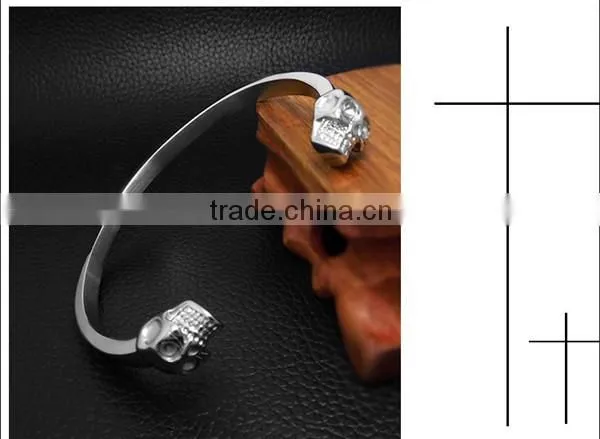 C shape antique silver vintage engraved wire skull head stainless steel bangles
