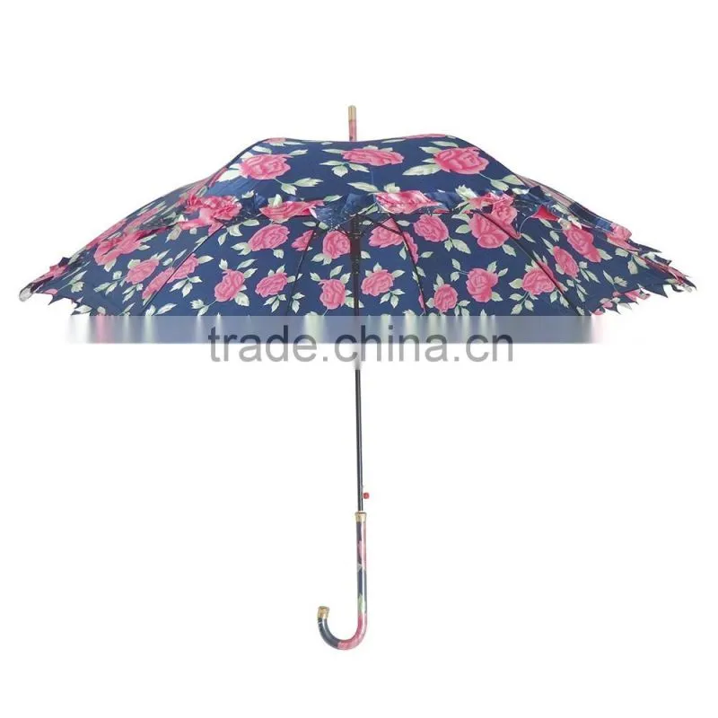 Flower printing beautiful girl long umbrella with lace parasol