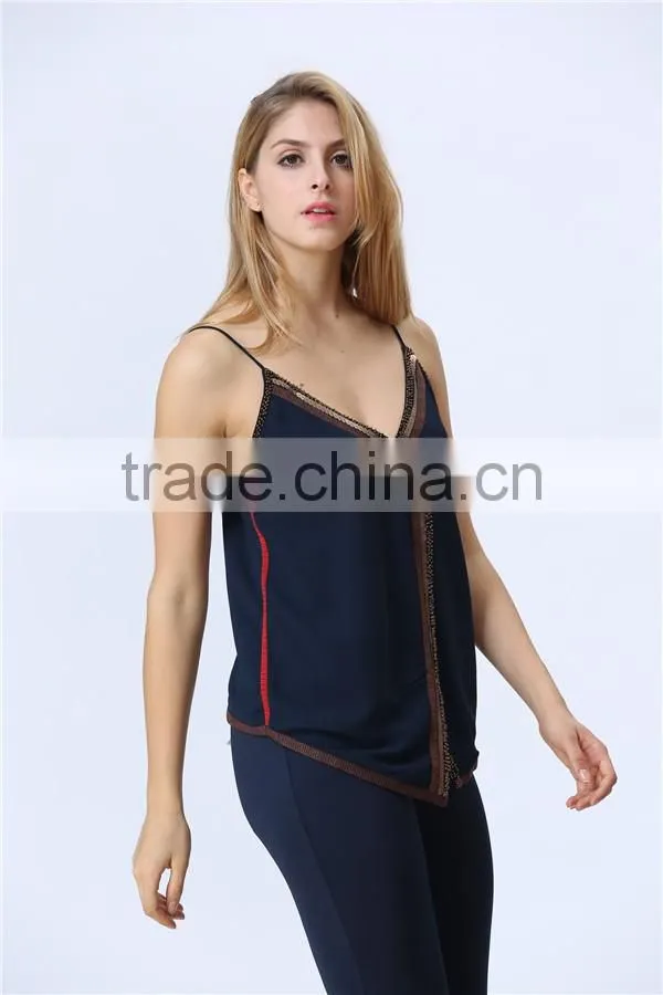 new design ladies sequin embroideried beaded navy cami top