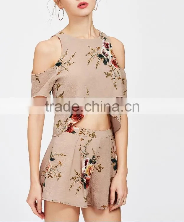 Two piece set women clothing floral print cold shoulder crop split top with shorts