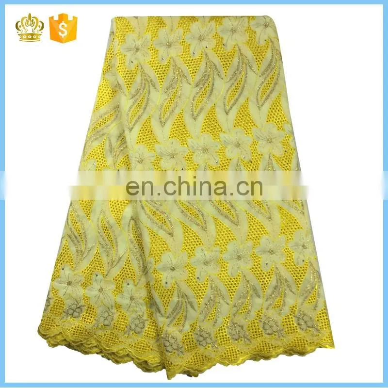 Hot selling swiss voile lace fabric, 100% cotton lace, Embroidery lace fabric with stones for wedding dress F15121112