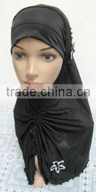 A569 Stylish islamic headscarf HEJAB pearl beaded flower two pieces LONG MUSLIM HIJAB