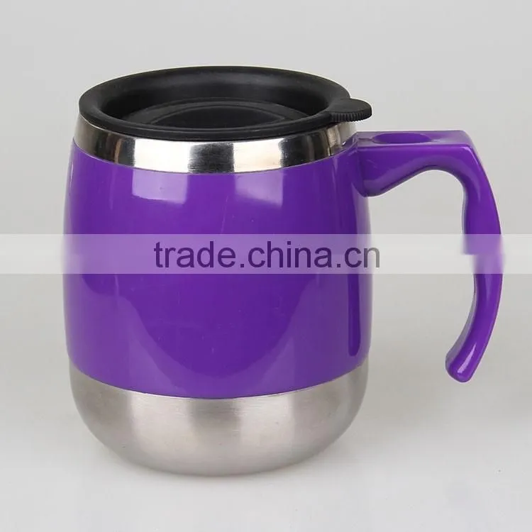 classic design double wall steal inner wide bottom plastic outer travel mug