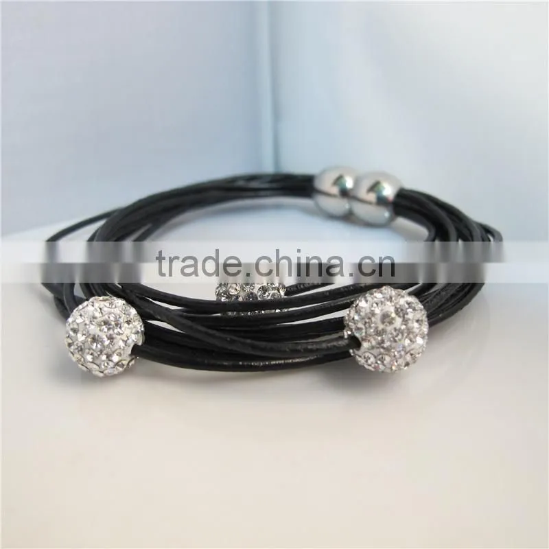 2013 fashion Cowhide Leather Magnetic Clasps Bracelets Brown Clear Rhinestone Beads 20cm(7 7/8") mix order RBB061
