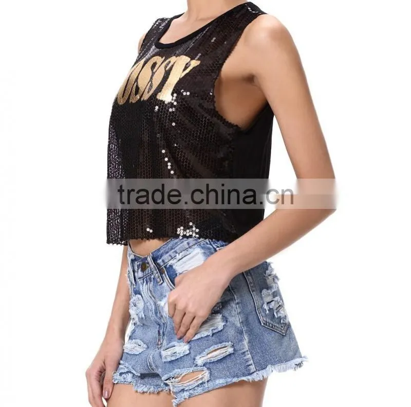Factory Low Price Dance Beaded Printed Sleeveless Crop Tops