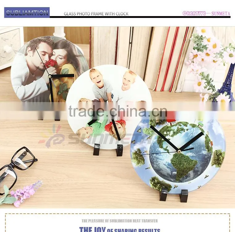 Sunmeta factory directly blank sublimation round shape glass photo frame with clock BL-27