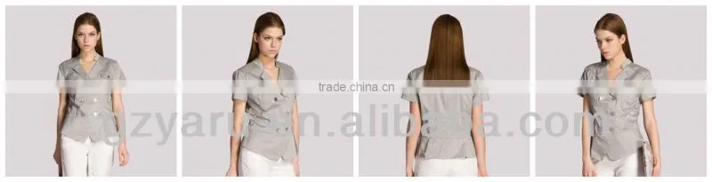 Gray v-neck double-breasted cultivate one's morality short sleeve blouse