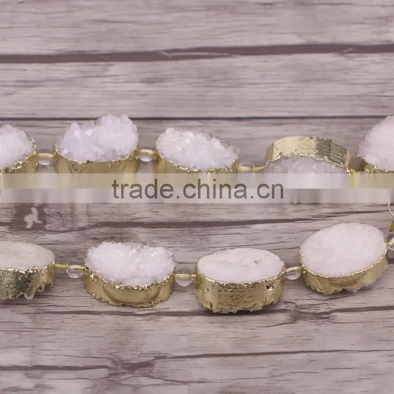 Full Strand (6pcs) Druzy Quartz Stone Beads - Gold plated edged Drusy Crystal Gemstone Beads