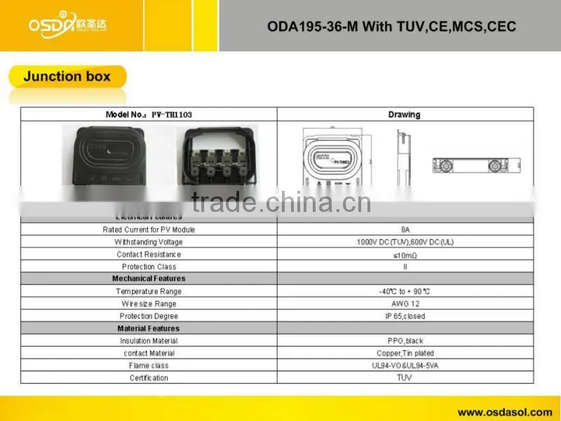 TUV MCS CEC certificated monocrystalline 195W solar panel