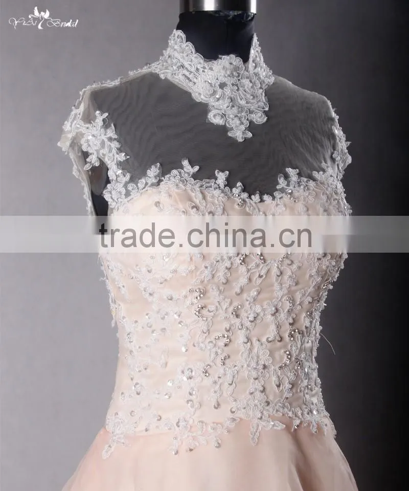 RSE703 High Neck Sexy Lace Floor Length Backless Blush Organza Cheap Pink Wedding Dresses