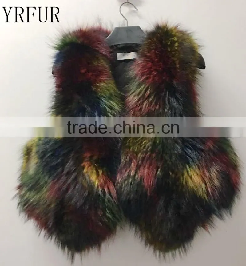 YR1025 Women Fashion Unique Fancy Color Real Raccoon Wholeskin Fur Vest