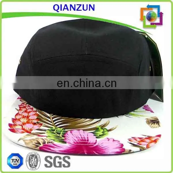 Custom Gold cotton Hat/ Leather Strap button 5 panel Hat cap