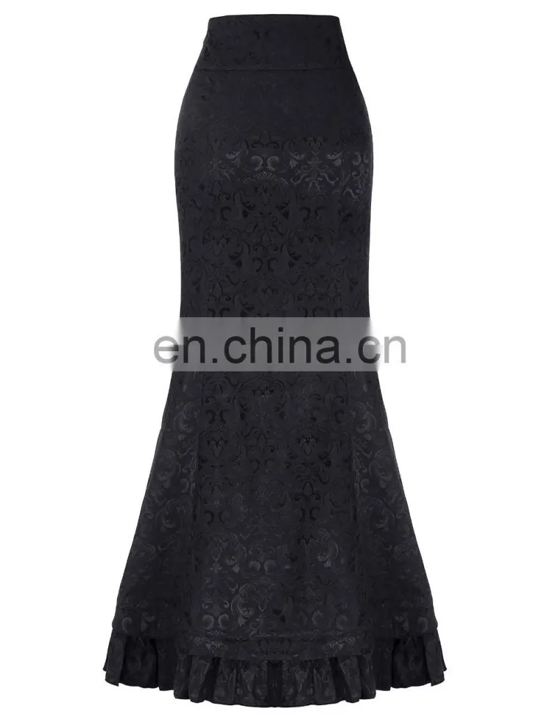 Belle Poque Women Vintage Retro Victorian Style Ruffled Jacquard Fishtail Mermaid Black Long Maxi Skirt BP000204-1