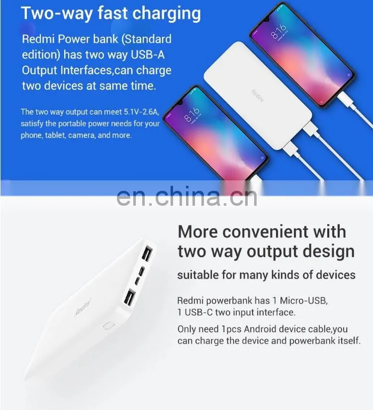 Wholesale Original Xiaomi Redmi 10000mAh Dual USB Input Output Charger Portable Power Bank
