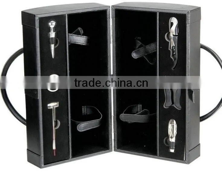 Double Bottle Travel Wine Carrier, black leather wine bottle case,travel leather wine case