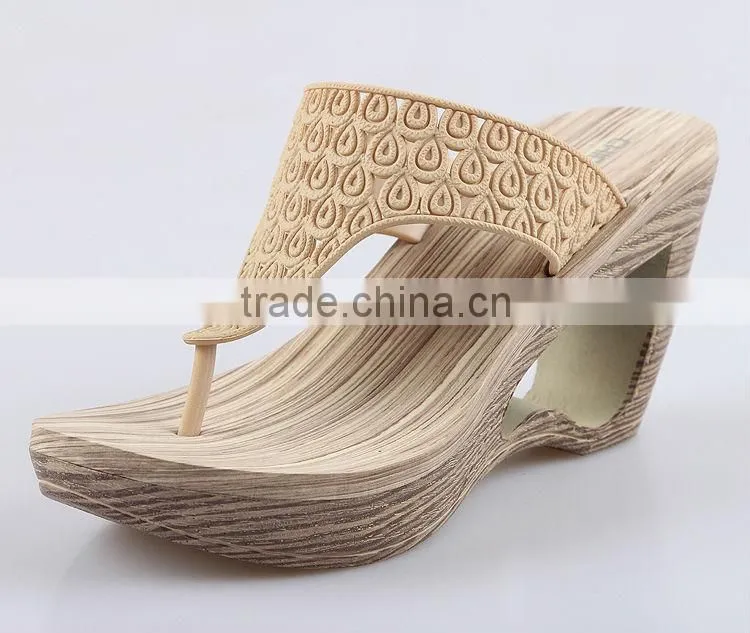 2015 Retro Style Wedges Slippers Waterproof Slippers Wooden Bottom Slippers