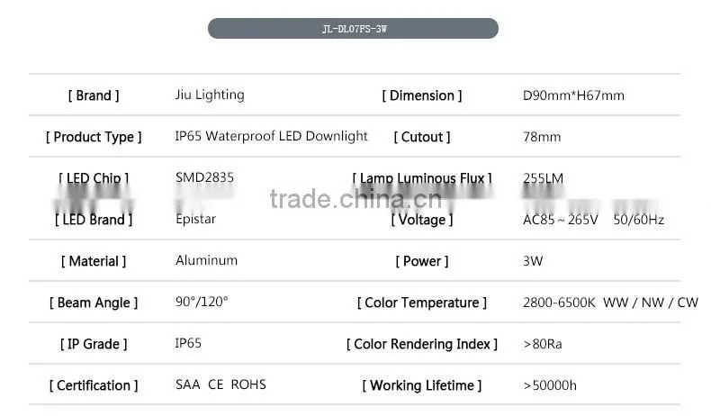 Highly Reliable Long Lasting White or Black Color Round Shaped 78mm Cutout 3W 5W 7W 9W IP65 LED Downlights