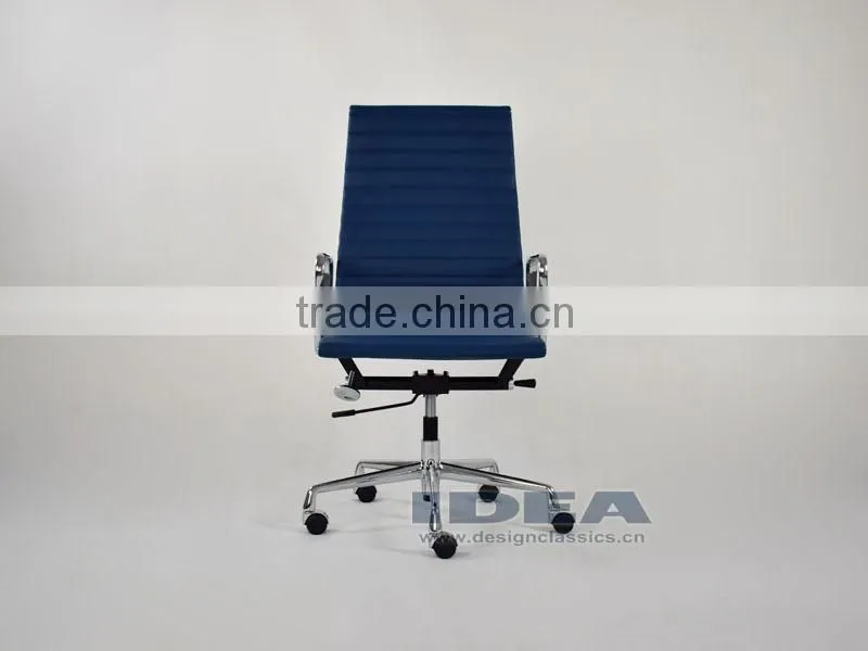 Replica Charles and Ray High Back Ribbed Aluminum Group Desk Chair - Blue Color Genuine Leather