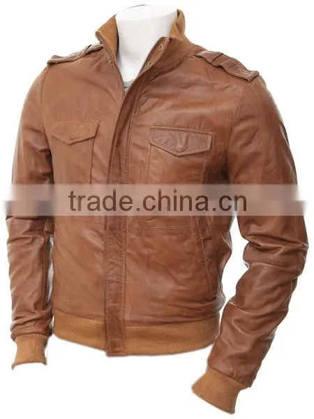 men's Tan Leather Collar Bomber Jacket