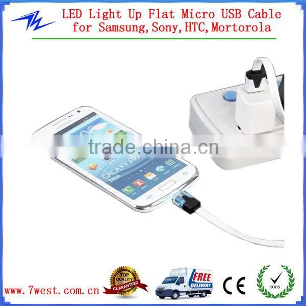 3M LED Light Up Flat Micro USB Data Cable Cord for Smartphone and Tablets