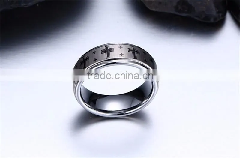 8 mm Cross Band Silver Color Tungsten Carbide Ring