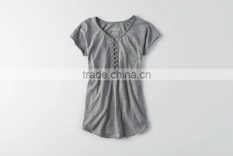 Tagless comfort lace up raglan scoop bottom women t shirt with distressed