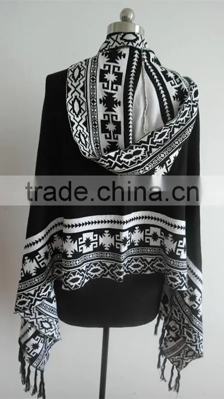 Fashion ladies jacquard knitted hoody poncho sweater
