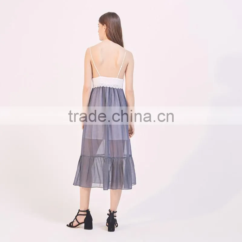 Hot style Splice sexy women deep V-neck slip and ruffled hem dress
