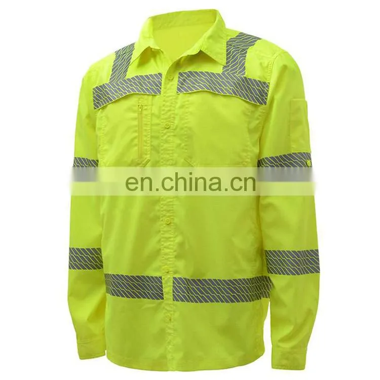 100% cotton mens button down collar business fit work cargo shirt with reflective bands