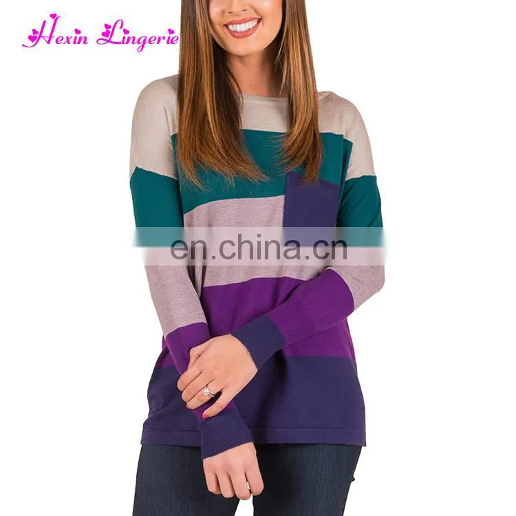 Freeshipping Purple Block Color O Neck Loose Latest Design Girls Winter Sweater