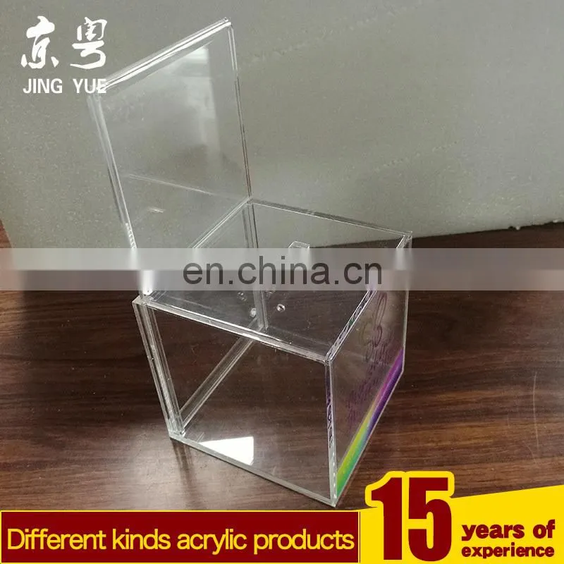 Clear cube pmma plexiglass money cion case box acrylic money coin box with advertising board