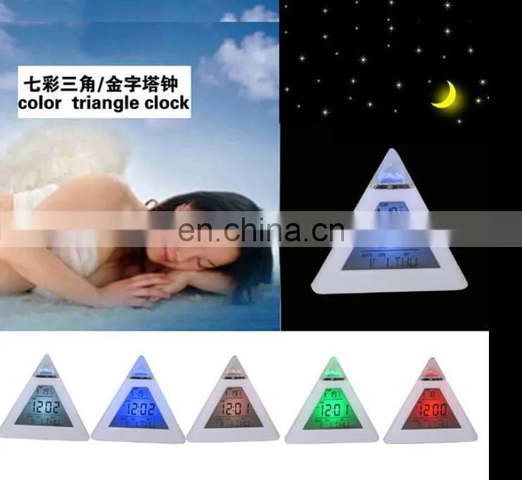 7 colors changed night lighting Digital Thermometer triangle digital clock led