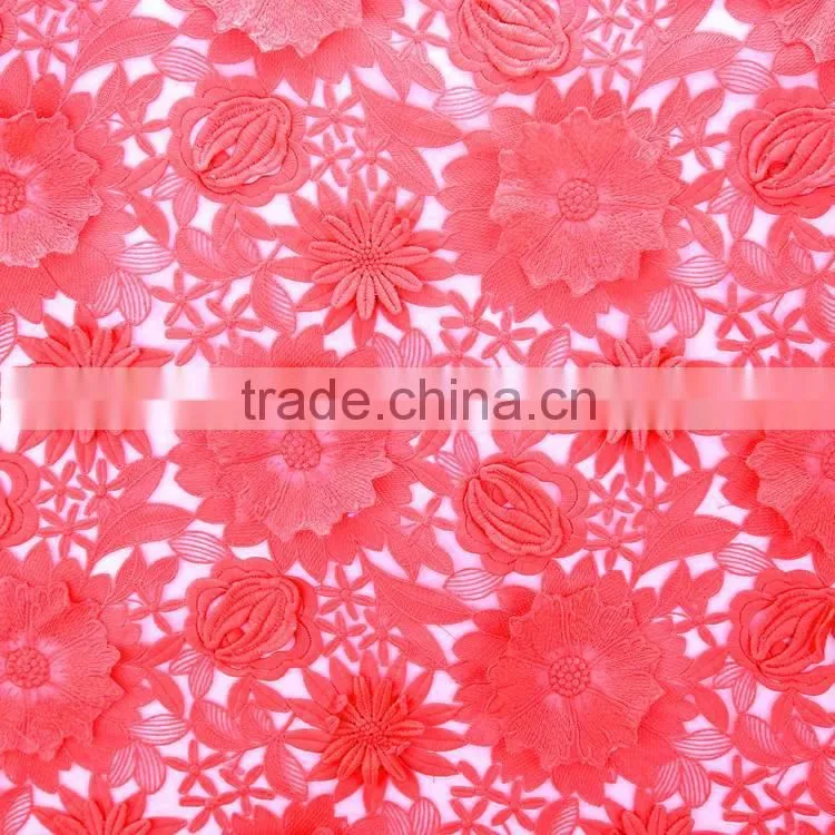 Factory direct supply hot selling red flower lace embroidered 3d mesh fabric for fashionable woman
