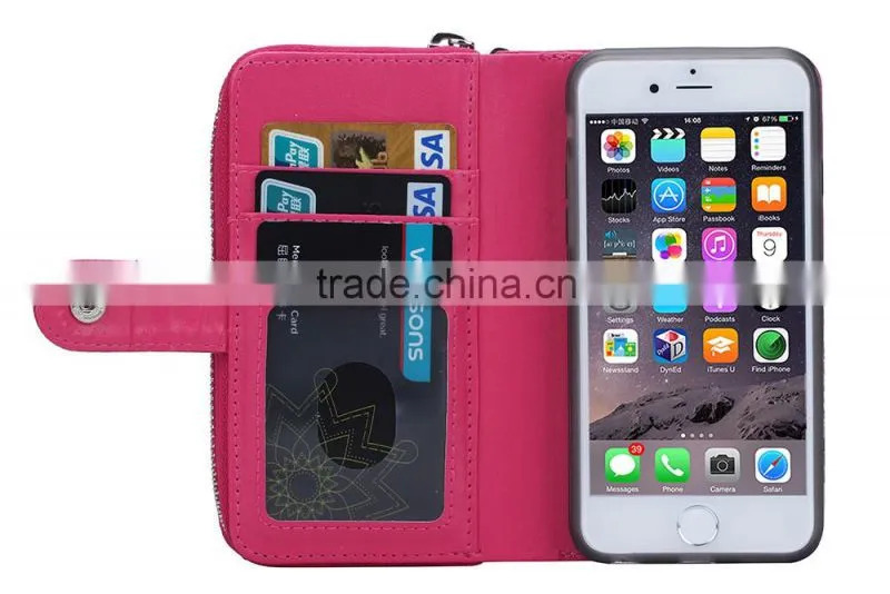 Unique leatherZipper Wallet Card Slot mob phone cover, rose red protective case for iPhone 6/6s