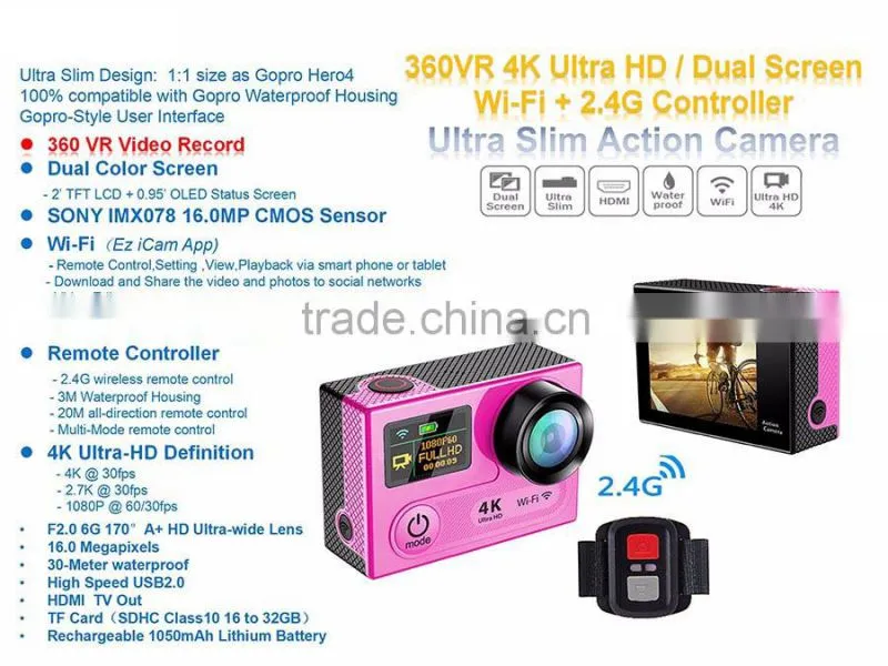 360VR Dual Screen 2.0" LCD main screen: 320*240 + 0.95" OLED State screen 4K 3840*2160 video resolutions 30fps Action camera