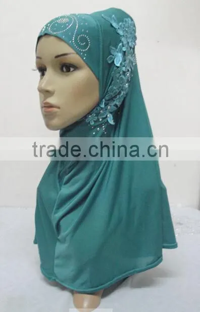H274 latest one piece instant hijab with lace and rhinestones,muslim scarf