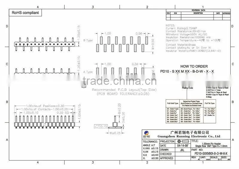 Pitch:1.0mm Single Row SMT Type Pin Header