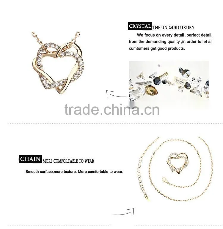 Fashion Jewellery Necklace Women 18k Gold Plated Austrian Crystal Rhinestone Zircon Chunky Double Heart Pendants