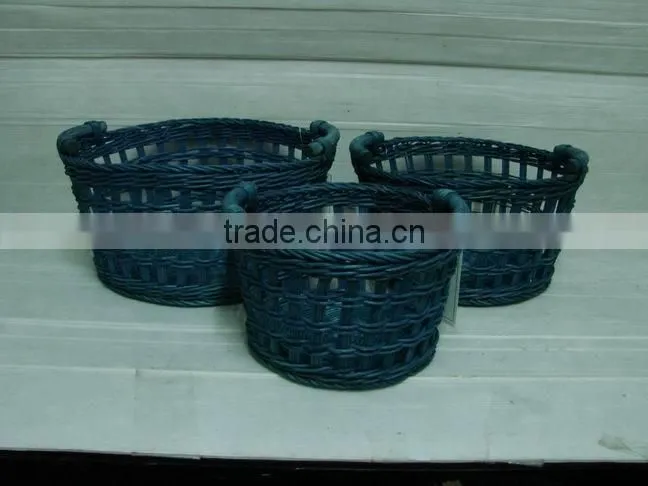 Round White Rattan Basket Set of 3 With Handles