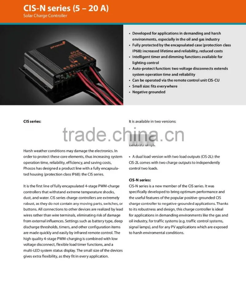 Phocos CIS-N-05/10/20 Solar Street Light charge Controller with Negative terminal grounded