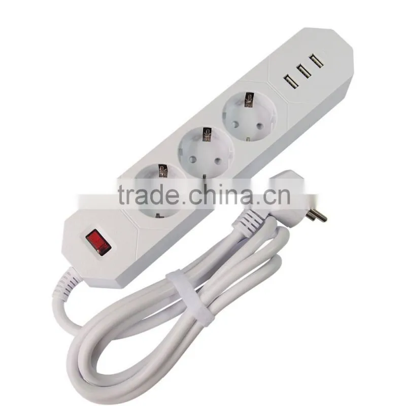 1.8meter EU 3-Outlet Power Extension Socket with 3USB Charging Ports