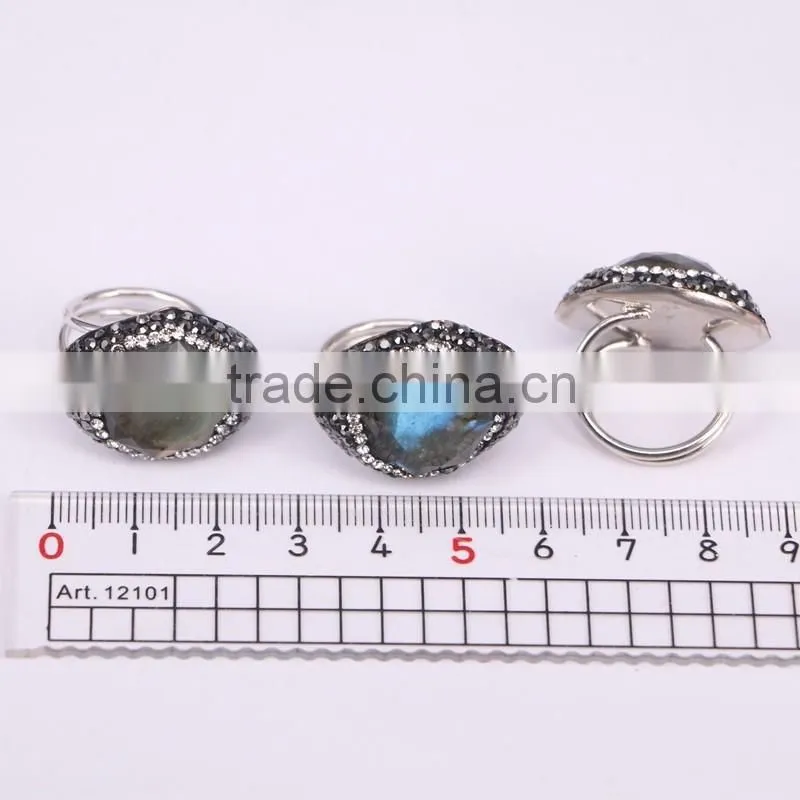 Natural Labradorite Ring, Metal Plated Silver Ring, Pave Setting Crystal Jewelry Finger Druzy Gem stone Ring